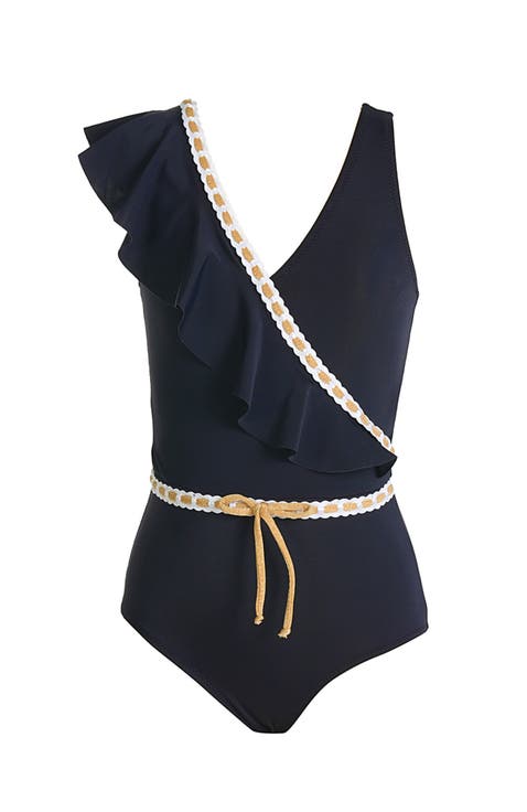 Asymmetrical Ruffle Decorative Embroidery Accents One-Piece Swimsuit