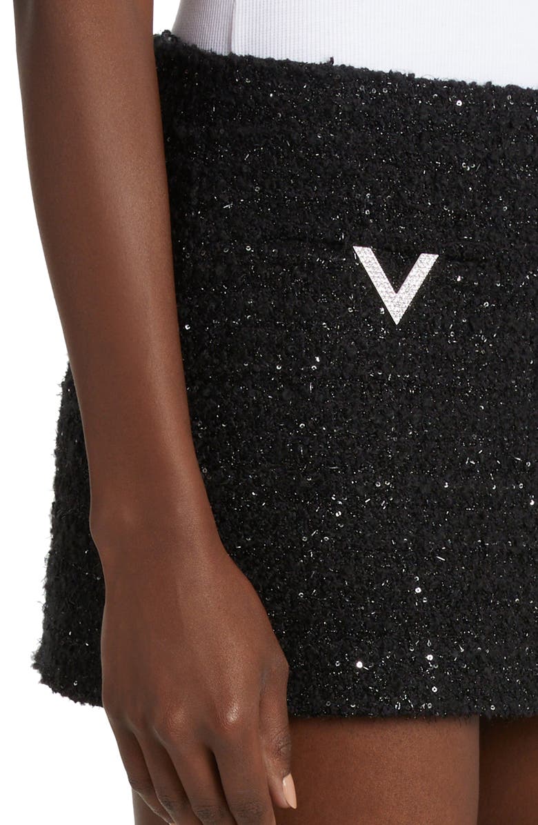 Valentino Garavani Crystal V-Detail Metallic Tweed Miniskirt, Alternate, color,