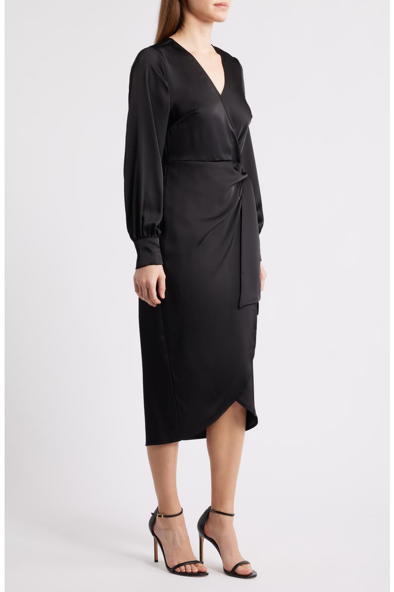 Long Sleeve Faux Wrap Satin Dress, Alternate, color, BLACK