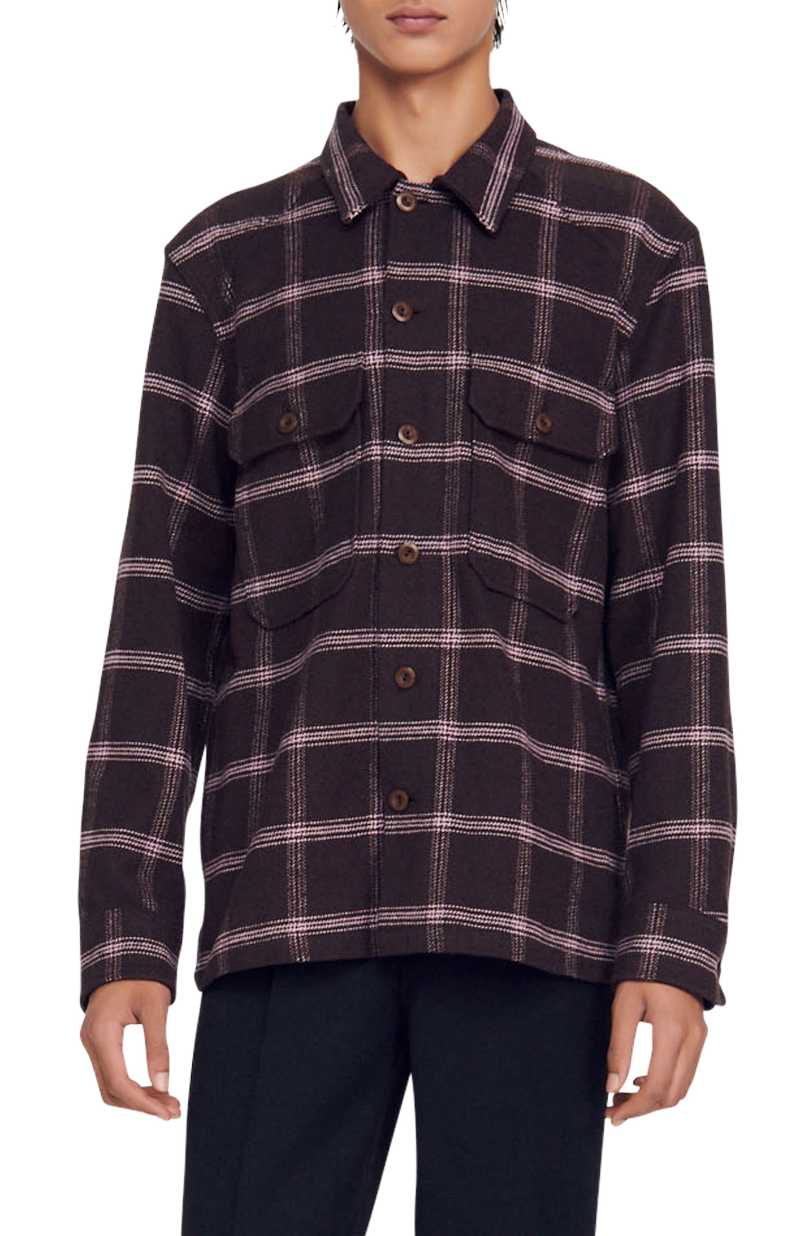 SANDRO Plaid Cotton & Wool Flannel Button-Up Overshirt