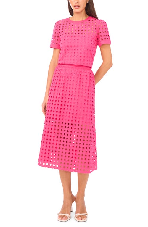 Cece Eyelet Cotton Midi Skirt In Pink