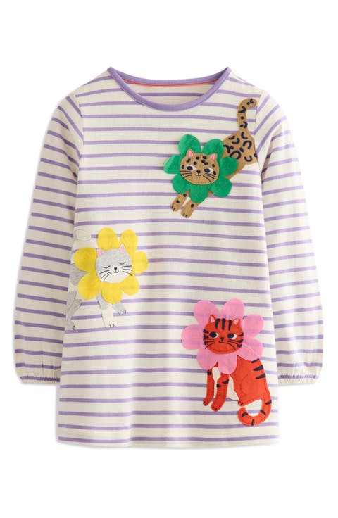 Kids' Stripe Cat Appliqué Long Sleeve Graphic Tunic (Toddler, Little Kid & Big Kid)