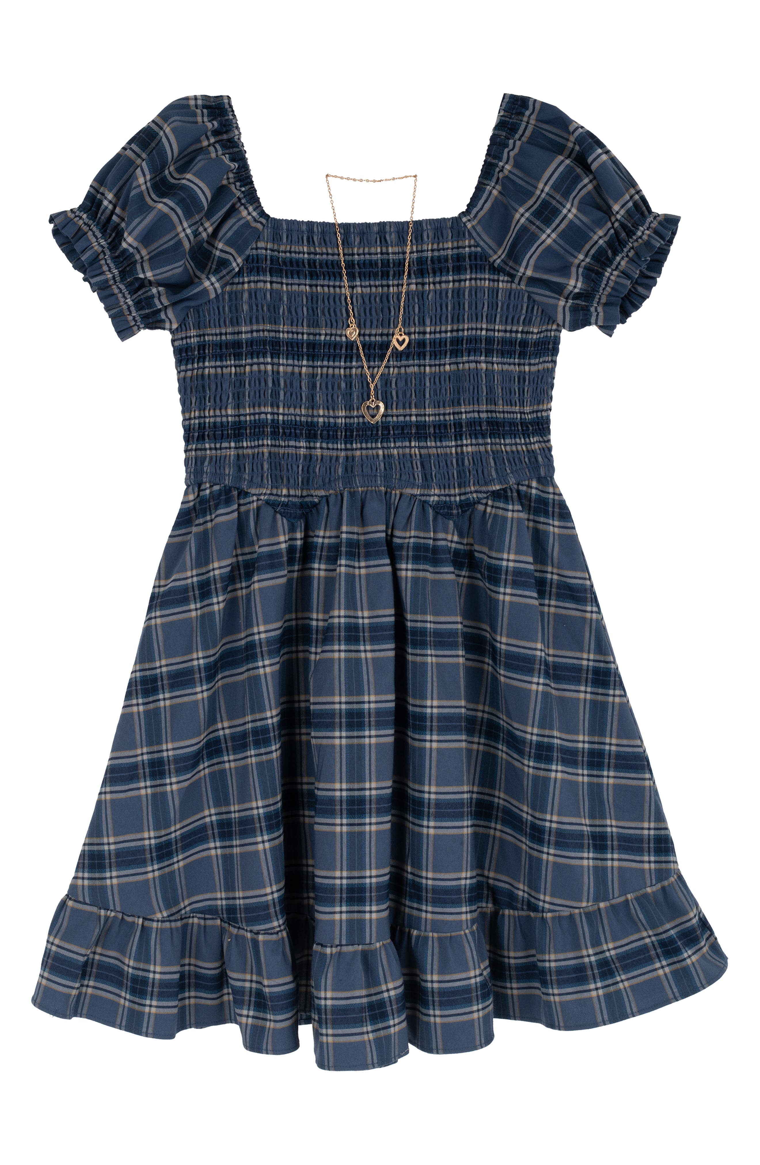 Kids' Plaid Smocked Dress & Necklace Set