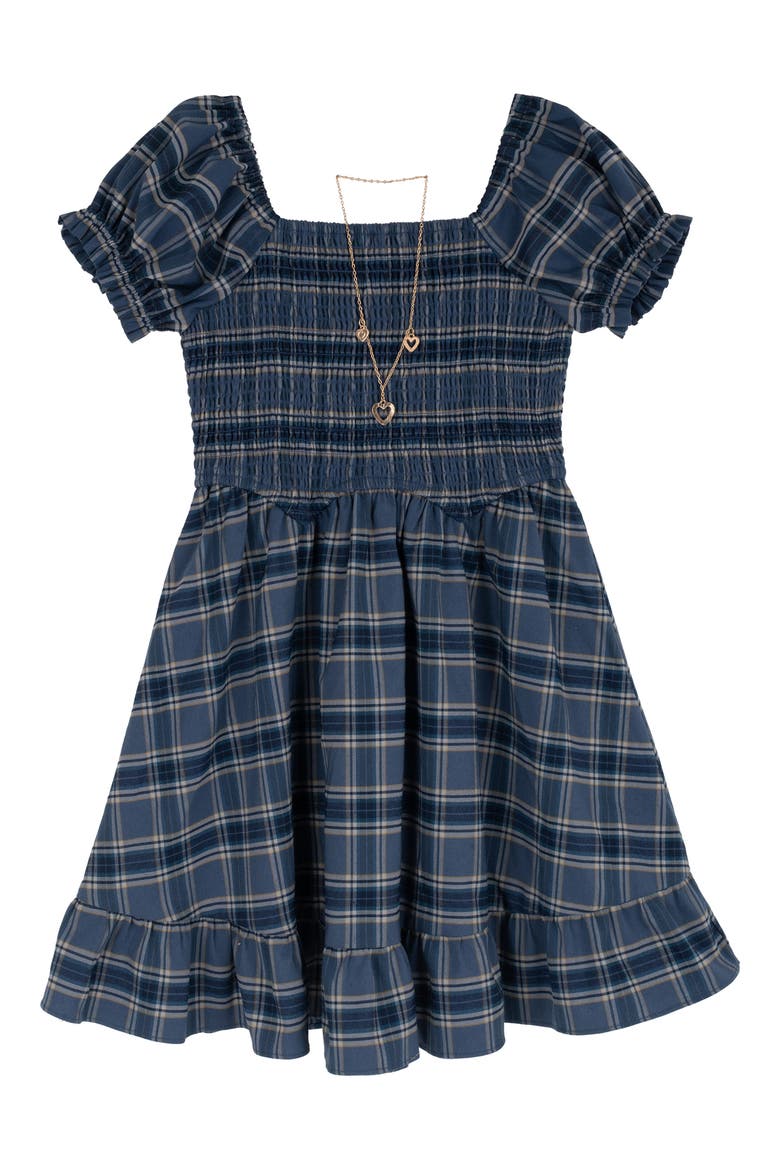 Kids' Plaid Smocked Dress & Necklace Set, Main, color, BLUE