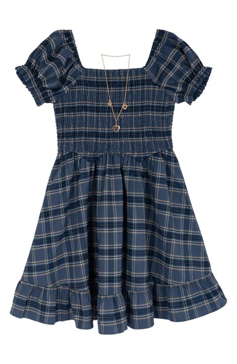 Kids' Plaid Smocked Dress & Necklace Set