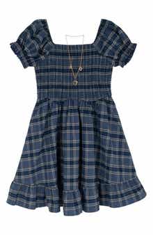 Kids' Plaid Smocked Dress & Necklace Set