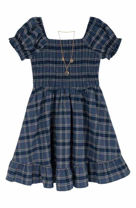 Kids' Plaid Smocked Dress & Necklace Set