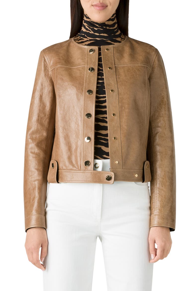 Snap Detail Leather Jacket, Main, color, CAMEL