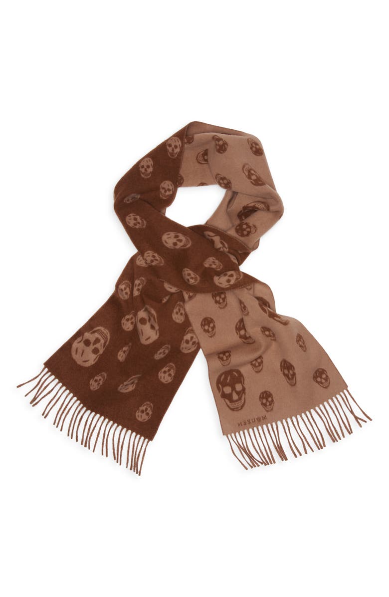 McQueen Skull Jacquard Double Face Wool & Cashmere Fringe Scarf, Alternate, color, Light Brown/ Camel