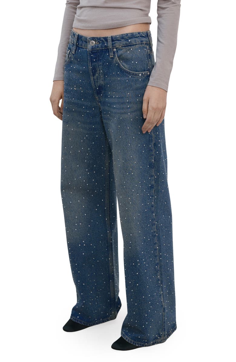 MANGO Rhinestone Wide Leg Jeans, Main, color, Medium Blue