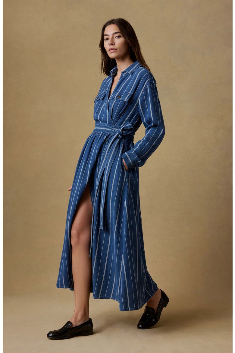 Julia Island Tide Stripe Long Sleeve Organic Cotton Wrap Shirtdress, Alternate, color, INDIGO DRIFT STRIPE