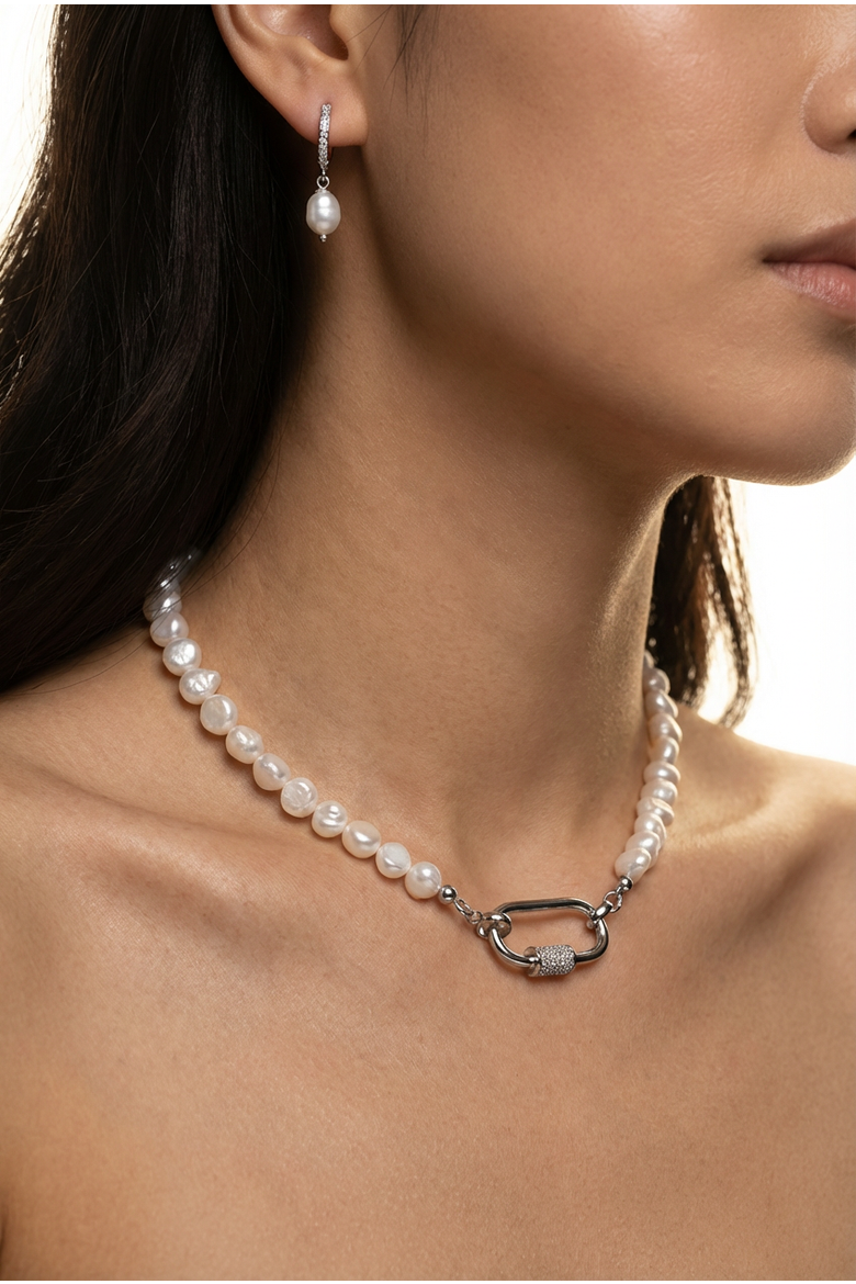 Baroque Pearl Stainless Steel Necklace And Huggie Earring Set, Alternate, color, Silver / White Pearl