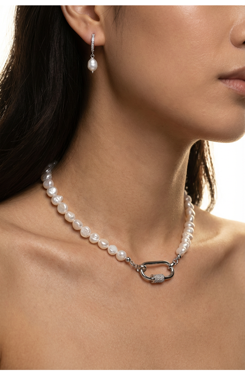 Joey Baby Baroque Pearl Stainless Steel Necklace And Huggie Earring Set, Alternate, color, Silver / White Pearl