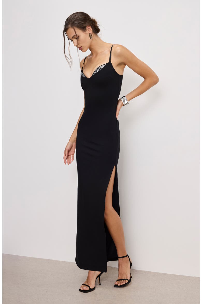 Rhinestone Trim Ponte Gown, Alternate, color, BLACK001