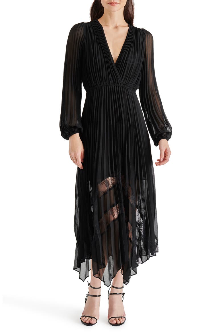 Ari Pleated Long Sleeve Chiffon & Lace Dress, Main, color, BLACK