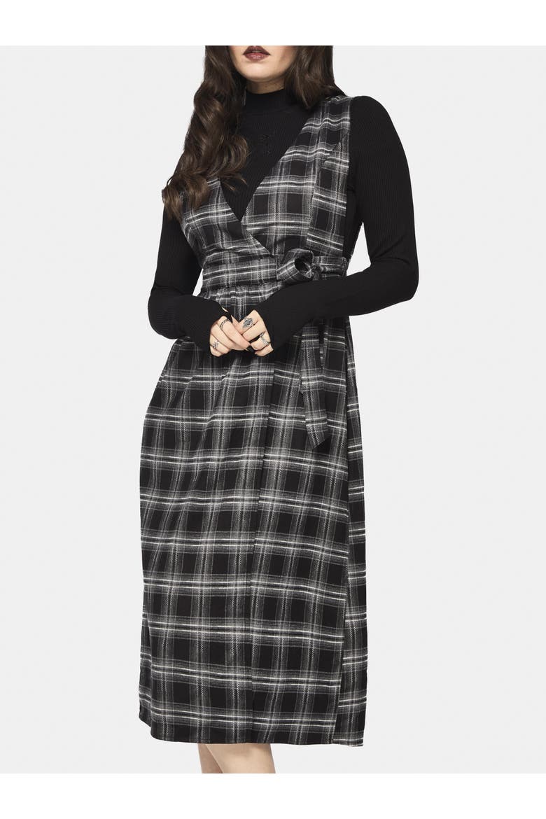 Lochan Check Wrap Pinafore Midi Dress, Alternate, color, Black
