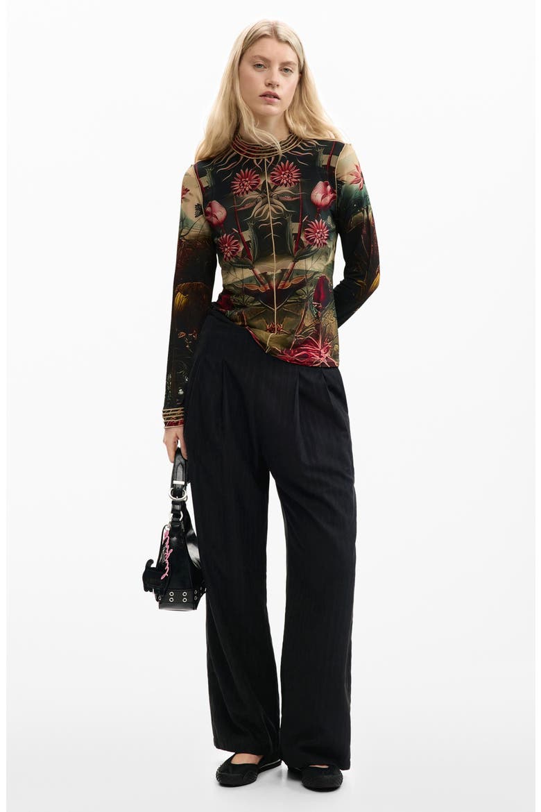 Floral Print Long Sleeve T-Shirt, Alternate, color, BLACK