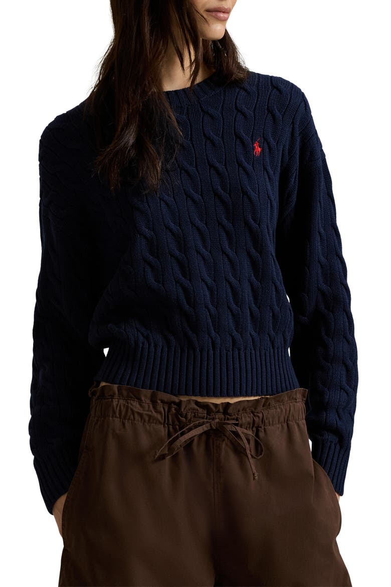 Cable Knit Crewneck Sweater, Main, color, HUNTER NAVY