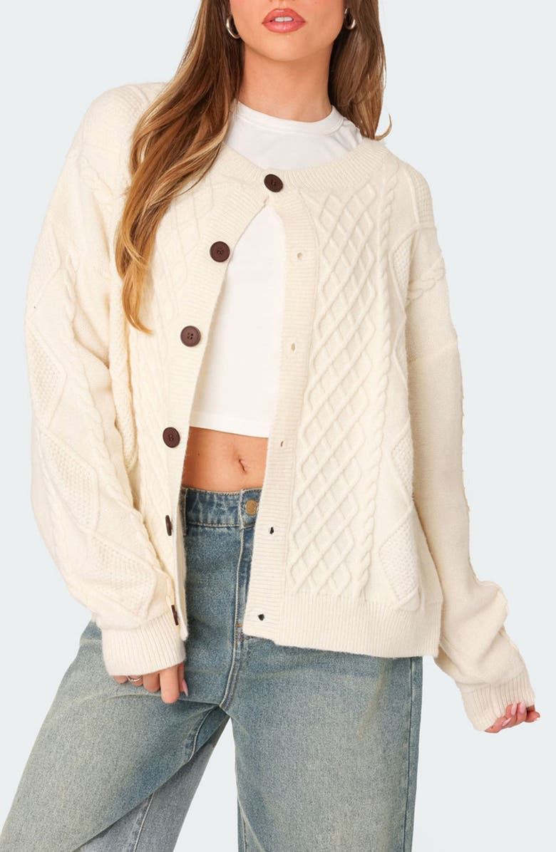 EDIKTED Rory Oversize Cable Stitch Cardigan, Main, color, Cream
