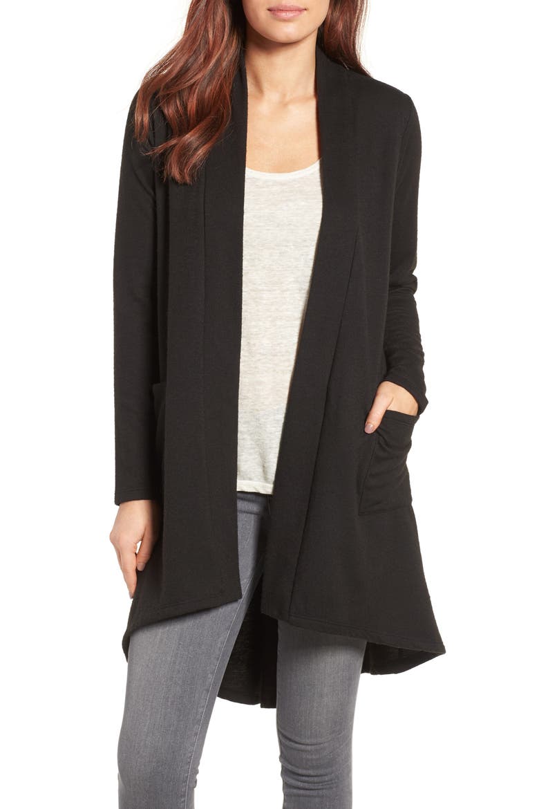 High/Low Fleece Knit Cardigan, Main, color, BLACK