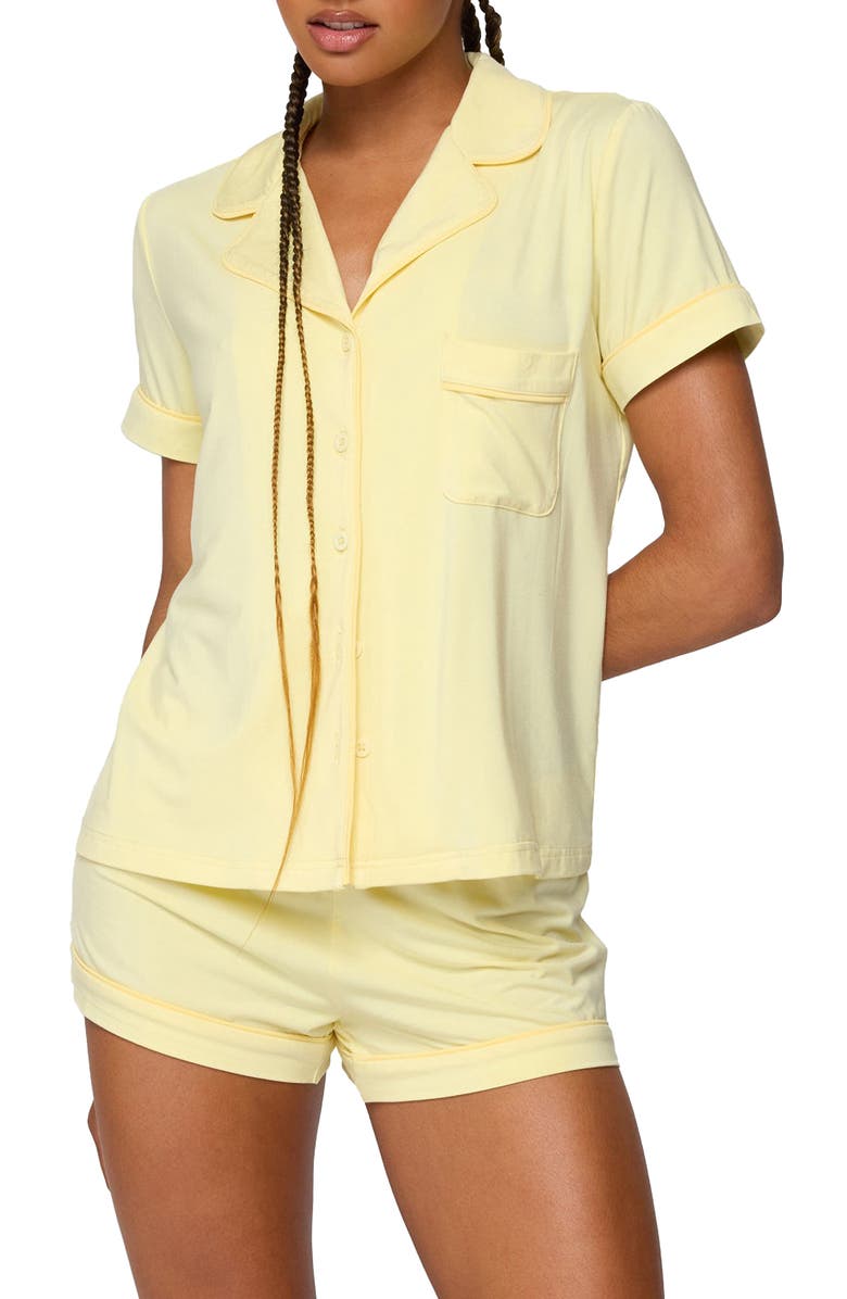 EDIKTED Tezlie Short Sleeve Button-Up Shirt, Main, color, Yellow