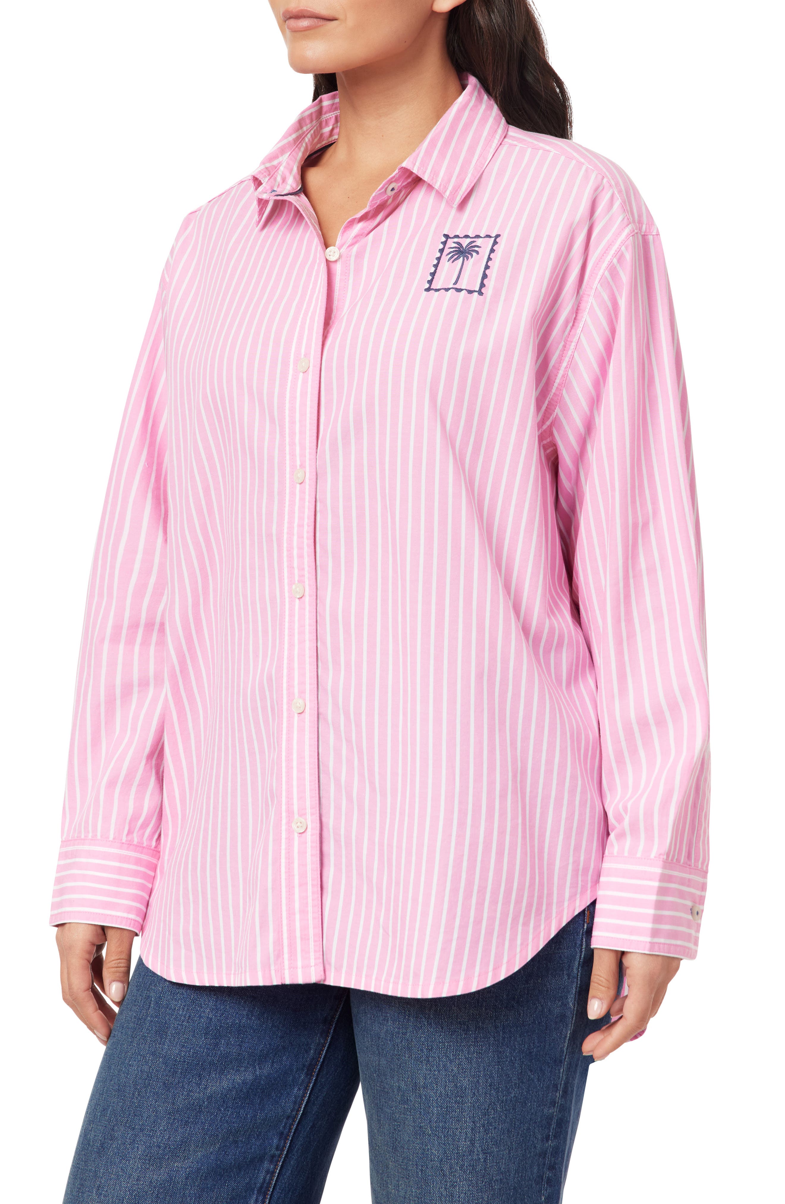 Alaina Oversize Embroidered Stripe Button-Up Shirt (Women