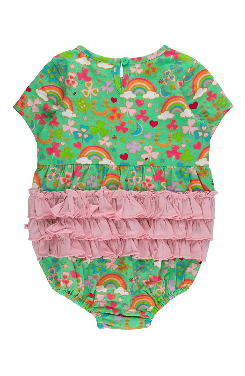 RuffleButts Knit Short Sleeve Bow Bubble Romper, Alternate, color, Green Lucky Day