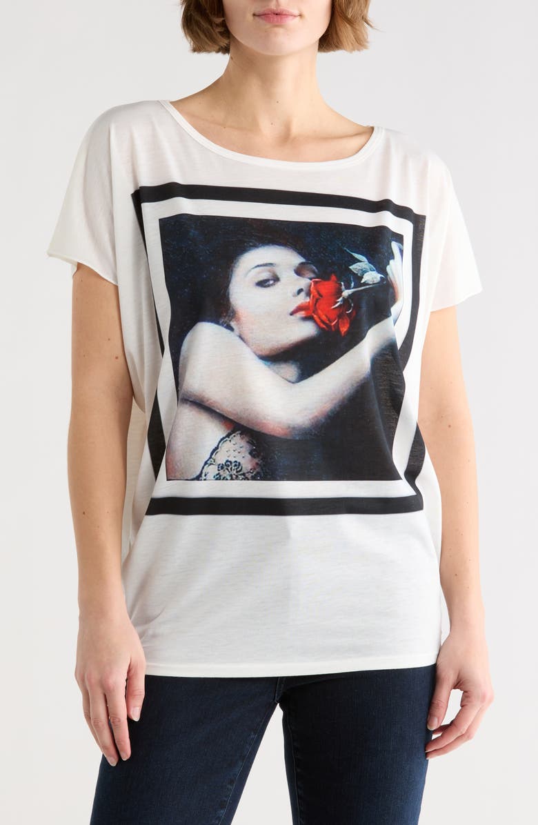 GO COUTURE Woman Rose Cap Sleeve Graphic T-Shirt, Main, color, White Print/ Woman
