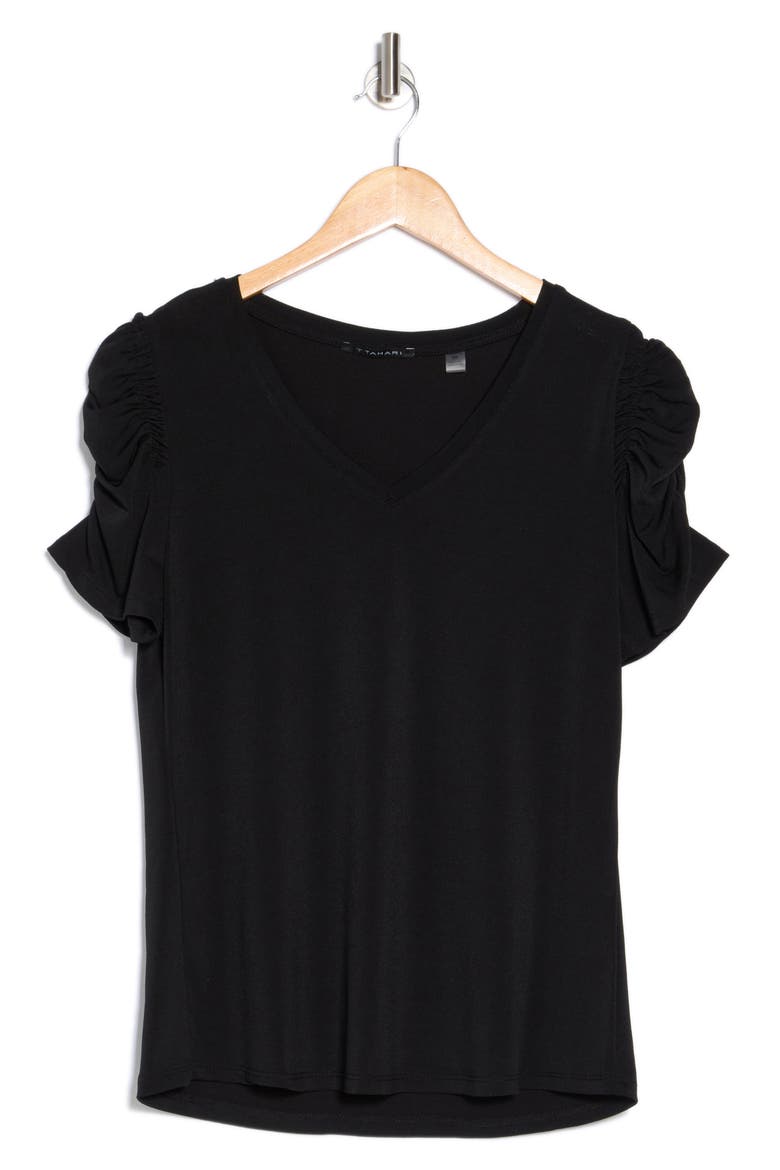 Ruched Sleeve V-Neck T-Shirt, Alternate, color, BLACK