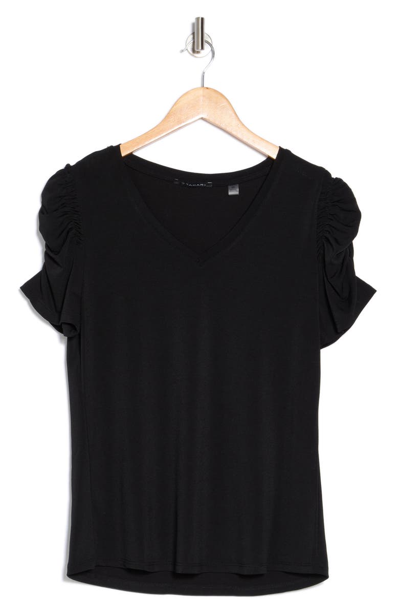 T Tahari Ruched Sleeve V-Neck T-Shirt, Alternate, color, Black