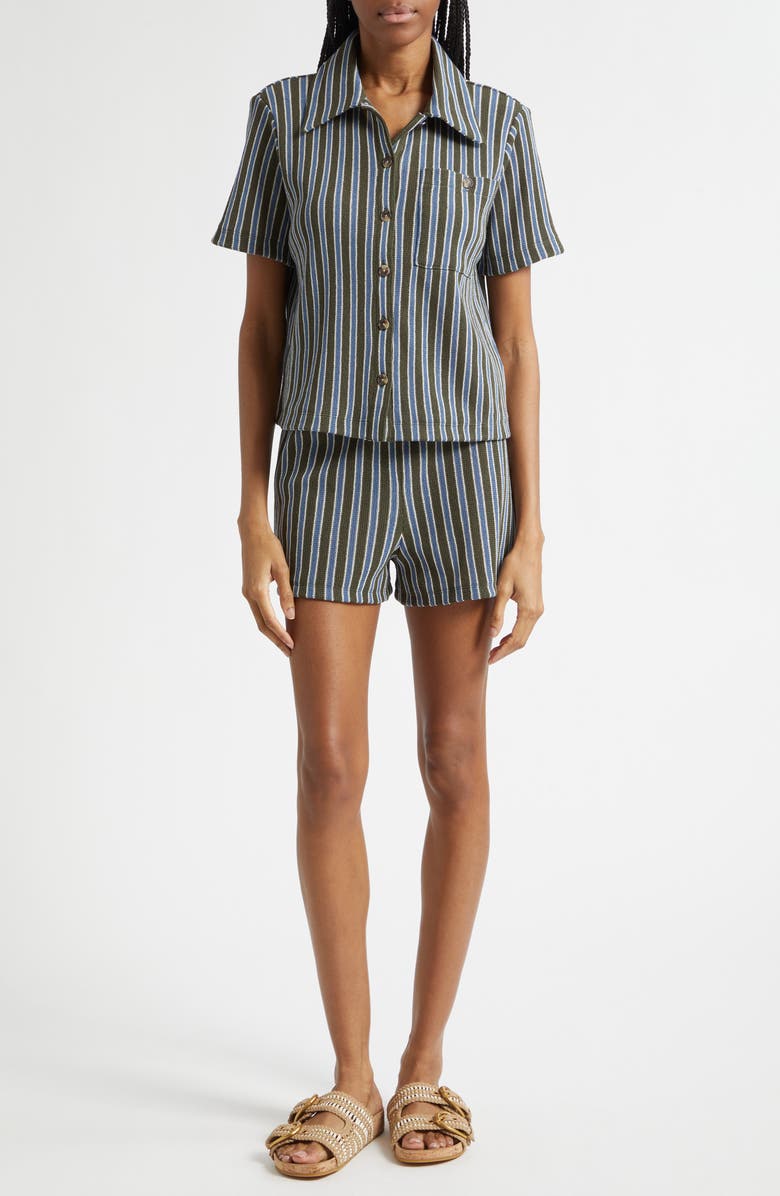 Veronica Beard Kyan Stripe Cotton Blend Knit Button-Up Shirt, Alternate, color, Army Blue Multi