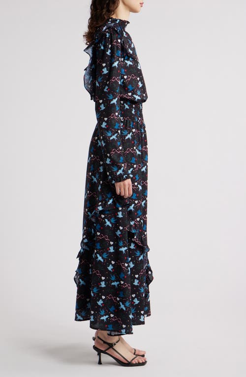 Sister Jane Heron Print Long Sleeve Maxi Dress In Black