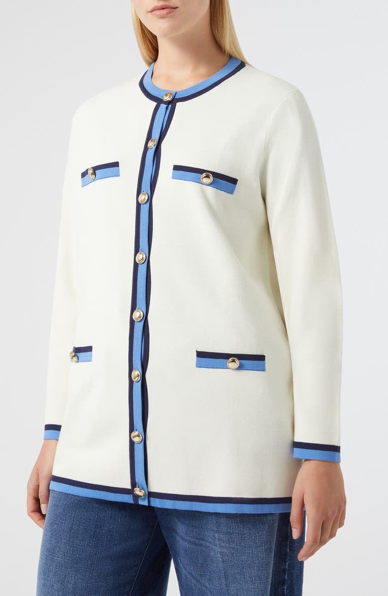 Marina Rinaldi Melk Contrast Trim Cotton Blend Cardigan, Main, color, Ivory