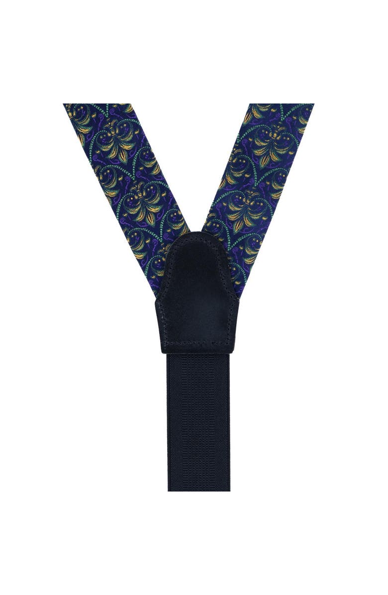 Trafalgar The French Quarter Fleur-de-Lis Silk Novelty Button End Suspenders, Alternate, color, Purple, Yellow, And Green