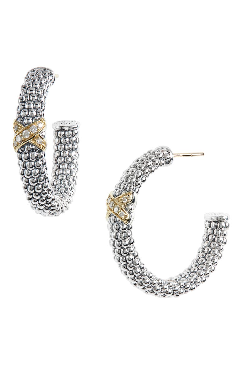 X Diamond & Caviar Hoop Earrings, Alternate, color, SILVER/ GOLD