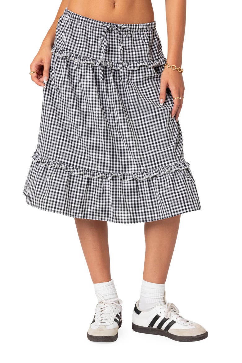 Gingham Tiered Ruffle Midi Skirt, Main, color, BLACK-AND-WHITE