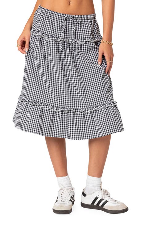 Gingham Tiered Ruffle Midi Skirt