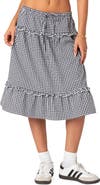 EDIKTED Gingham Tiered Ruffle Midi Skirt