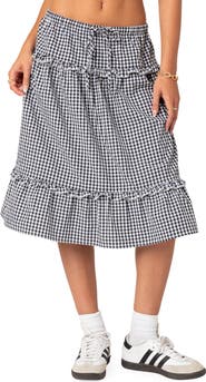 EDIKTED Gingham Tiered Ruffle Midi Skirt