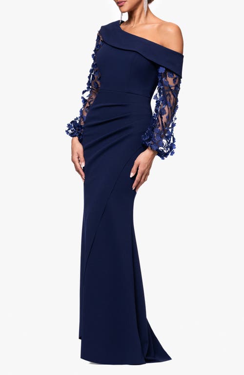 Xscape Evenings Floral Appliqué Long Sleeve Gown In Navy