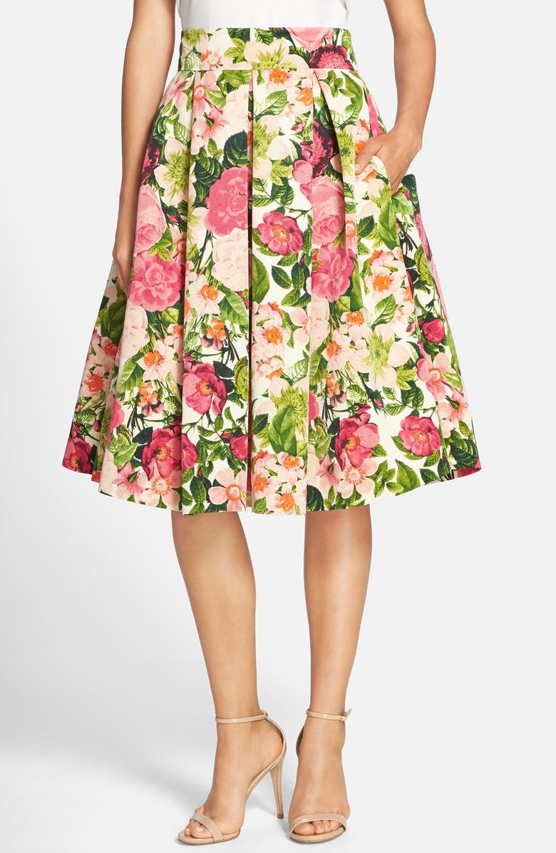 Eliza J Floral Print Faille Midi Skirt, Main, color, 