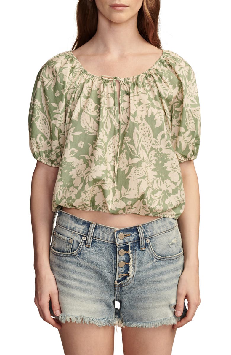 Lucky Brand Gathered Poplin Top, Main, color, Green Mult