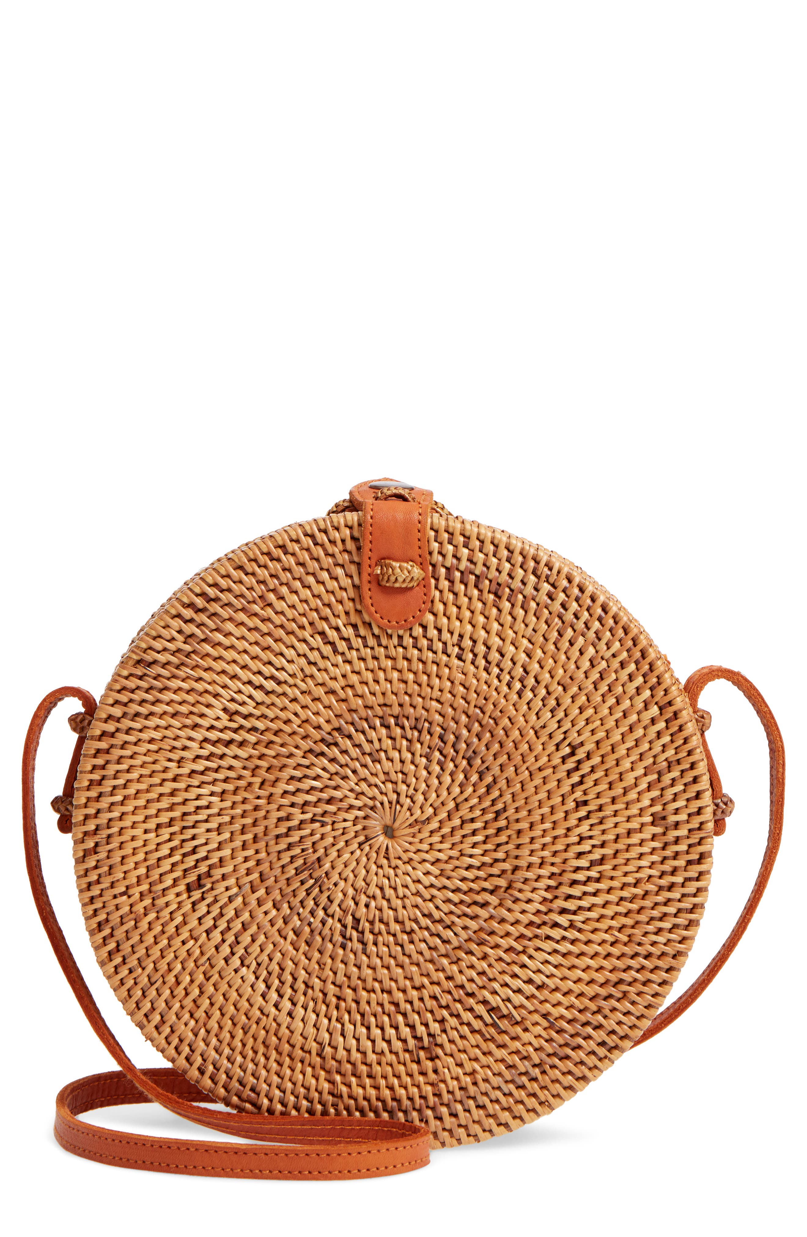 Woven Rattan Circle Basket Crossbody, Main, color, TAN