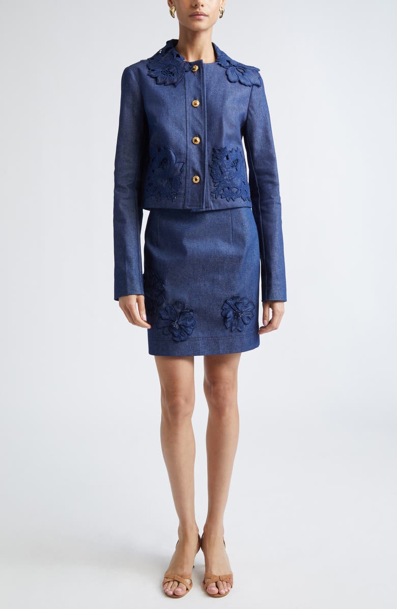 Oscar de la Renta Floral Embroidered Stretch Denim Jacket, Alternate, color, Dark Denim