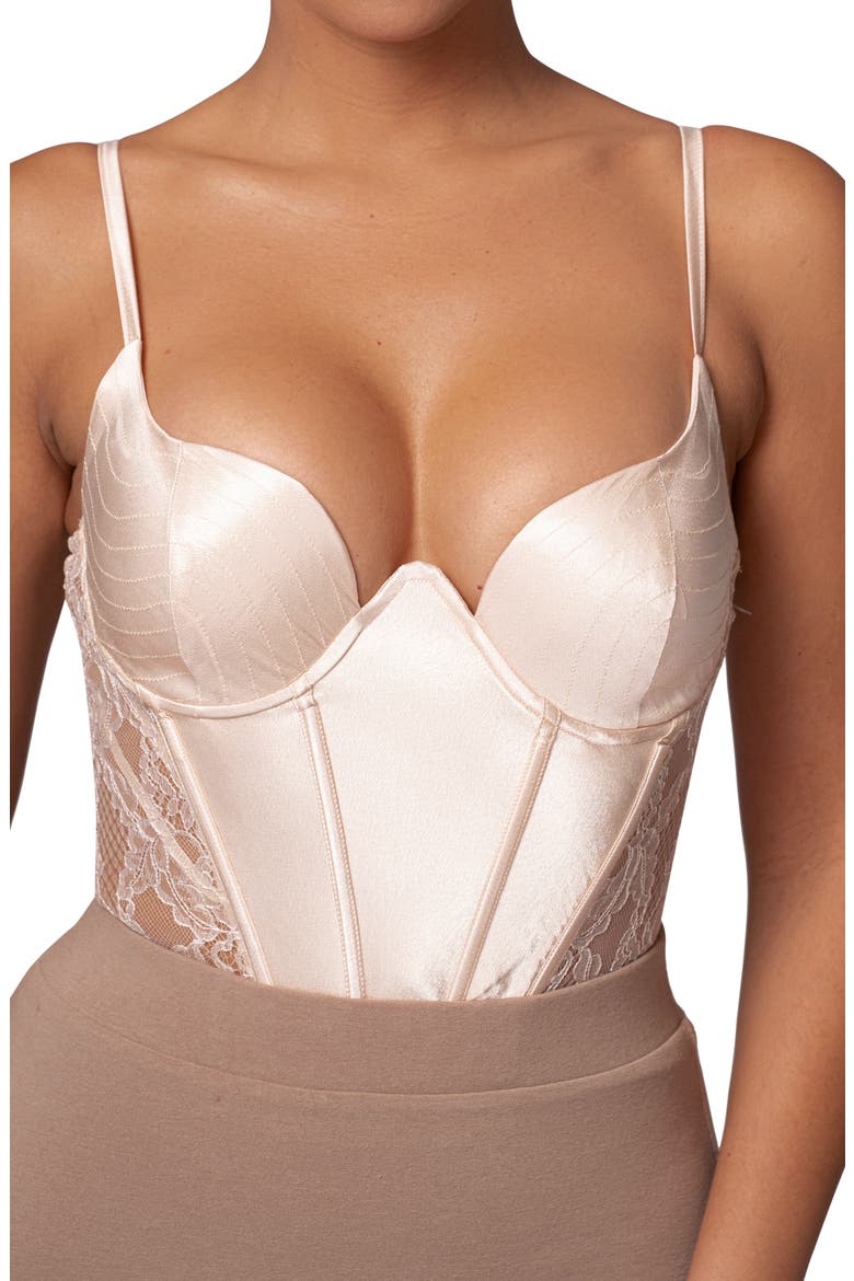 Incomparable Lace Inset Satin Bodysuit, Alternate, color, BEIGE