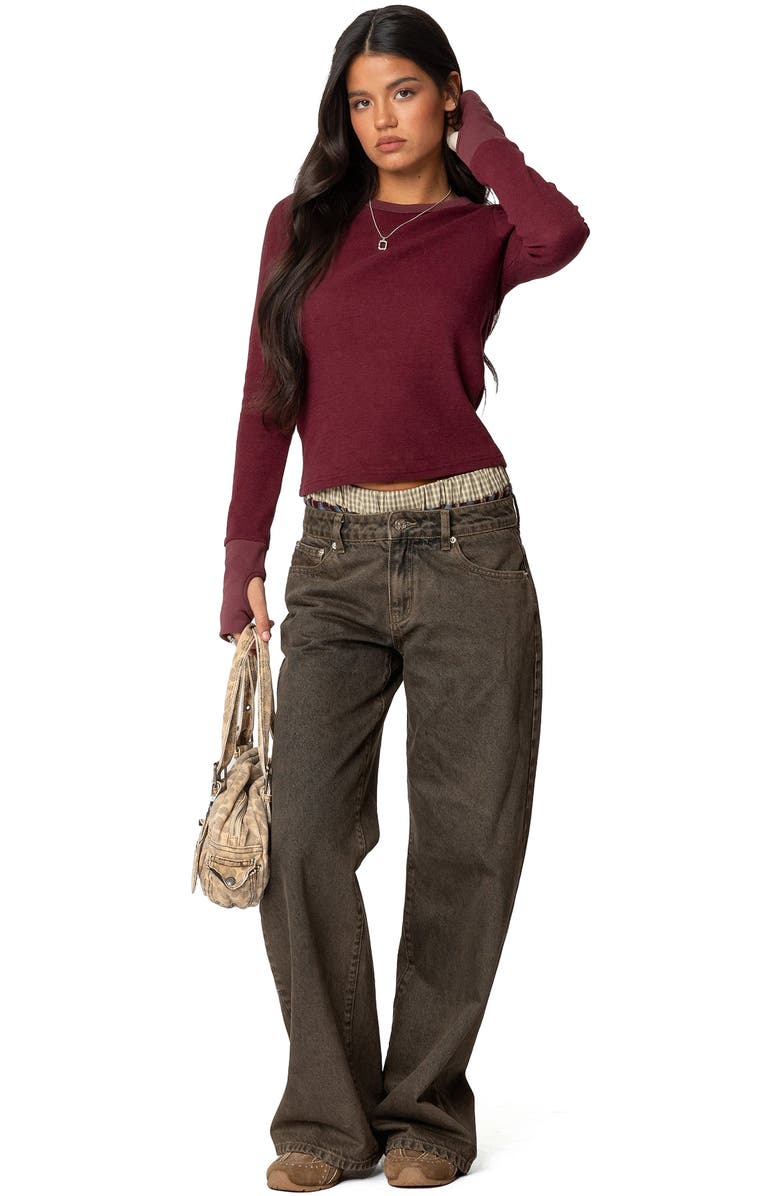 EDIKTED Waffle Long Sleeve T-Shirt, Alternate, color, Burgundy