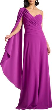 Tadashi Shoji One Shoulder Cape Sleeve Crepe Gown