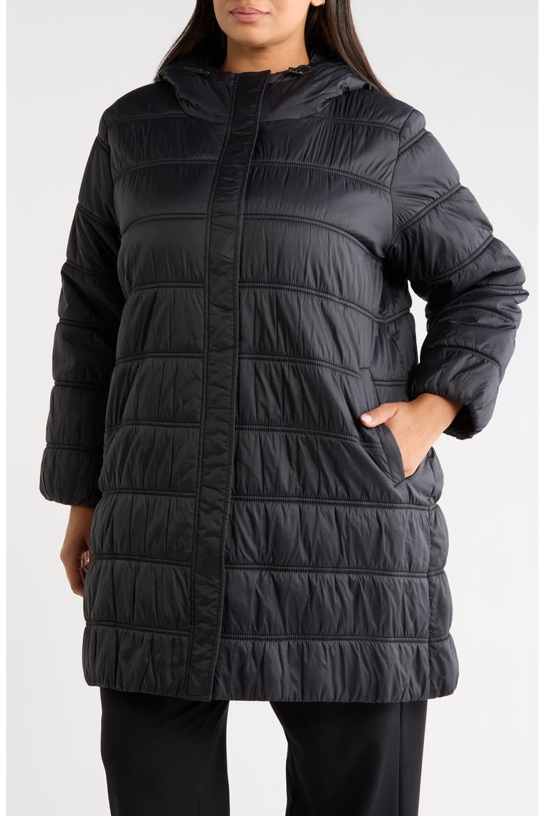 Quilted Ruched Recycled Nylon Hooded Jacket, Alternate, color, BLACK