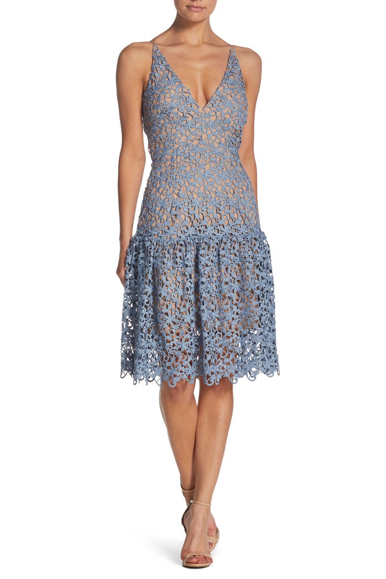 Lily Crochet Fit & Flare Dress, Main, color, MINERAL BLUE/ NUDE
