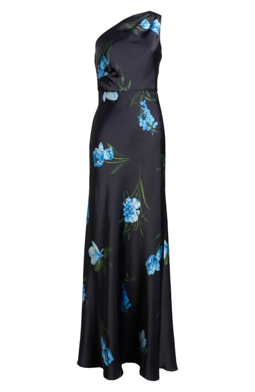Sachin & Babi Delphine Floral One-shoulder Satin Crepe Gown In Night Sky Blue Oculata